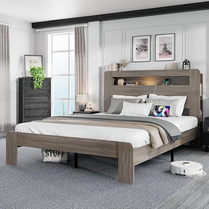 Queen Size Wooden Bed Frame with Bookcace Storage Headboard, Rustic Farmhouse Bedframe with LED Lights and Charging Station, Sturdy and Stable, Slat Support, No Box Spring Required (Light Brown)