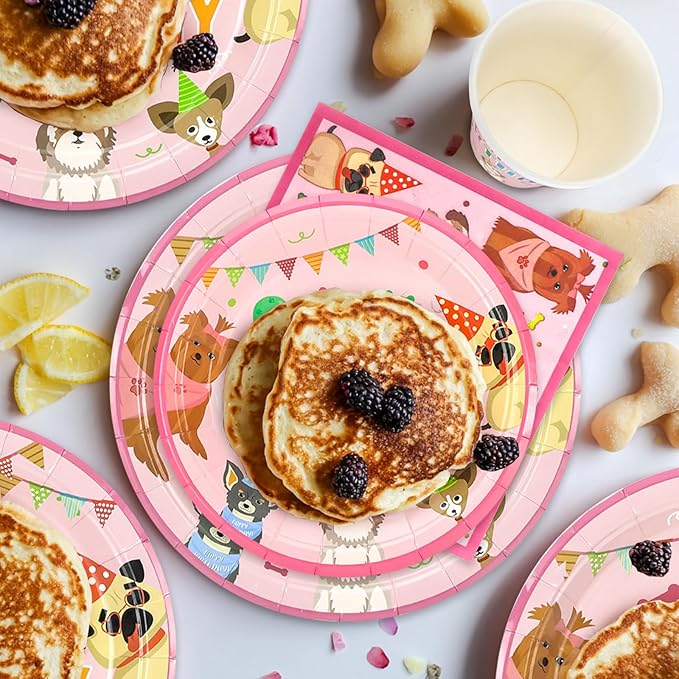 96pcs Kids Birthday Party Disposable Tableware Set Pink Pet Dog Pattern for 24 Guests Party Supplies Round Plates（Include Plates, Cups and Napkins）