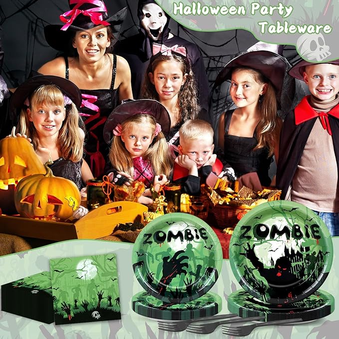 Wiooffen 96 Pcs Zombie Halloween Party Plates Napkins Tableware Set Halloween Birthday Party Supplies Disposable Paper Dinnerware Zombie Theme Table Decoration Favors for Birthday, 24 Guests