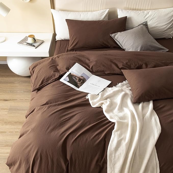 JIYUAN 100% Washed Cotton Duvet Cover Set 3 Pieces Super King, 1 Duvet Cover 108x98 Inches(Comforter Not Included) and 2 Pillowcases,Linen Feel Bedding Set Comfy and Breathable,Chocolate Brown
