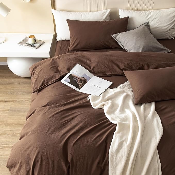 JIYUAN 100% Washed Cotton Duvet Cover Set 3 Pieces King, 1 Duvet Cover 104x90 Inches(Comforter Not Included) and 2 Pillowcases,Linen Feel Bedding Set Comfy and Breathable,Chocolate Brown