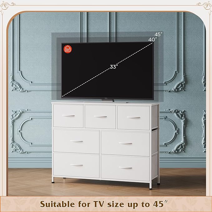 WLIVE 7 Drawer Dresser TV Stand, Dressers for Bedroom, Fabric Storage Tower, Hallway, Entryway, Closets, Sturdy Steel Frame, Wood Top, Easy Pull Handle, White