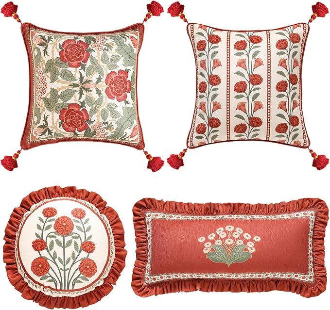 Vintage Throw Pillow Covers Pack of 4,Red Cozy Velvet with Leaves and Floral Pattern Pillowcases,Decor Square Round Lumbar Pillows Cushion Covers for Living Room Couch Sofa Bed Car