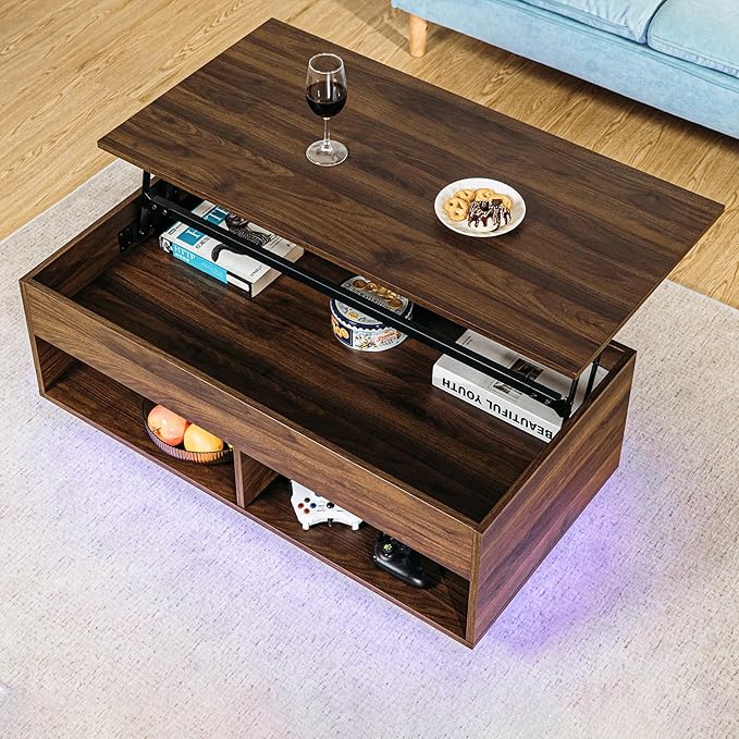 HOMMPA Lift Top Coffee Table with Storage for Living Room,Mid Century Modern LED Coffee Table, 3 Tiers Farmhouse Wood Center Tea Table with 2 Open Shelves，Walnut