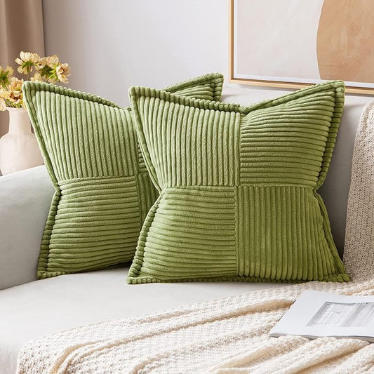 MIULEE Decorative Throw Pillow Covers for Couch Bed Livingroom 16x16 Inch Set of 2 Green Boho Accent Throw Pllows Broadside Striped Patchwork Soft Corduroy Summer Pillowcases