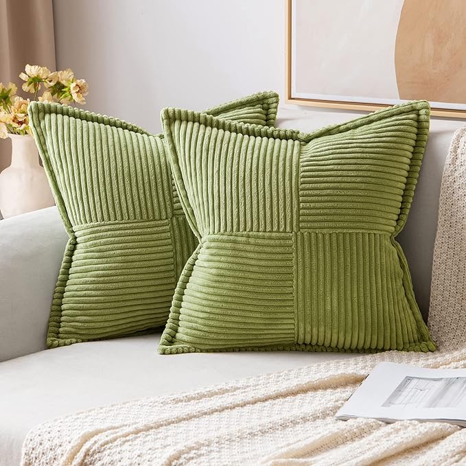 MIULEE Green Corduroy Decorative Euro Sham Pillow Covers 24x24 Inch with Splicing Set of 2 Soft Boho Pillow Covers Broadside Textured Summer Pillowcases for Couch Bed Livingroom