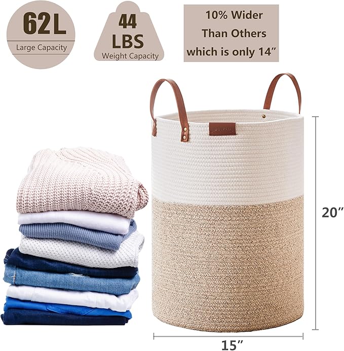 62L Woven Rope Hamper Laundry Basket for Clothes Hamper in Living Room Bedroom Bathroom for Nursery Kids Brown Large Tall
