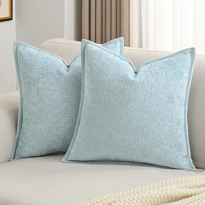 FUTEI Light Blue Chenille Throw Pillow Covers 20x20 Inch Set of 2,Soft Cozy Bound Edge Design Cushion Case,Home Decor for Couch Bed Living Room