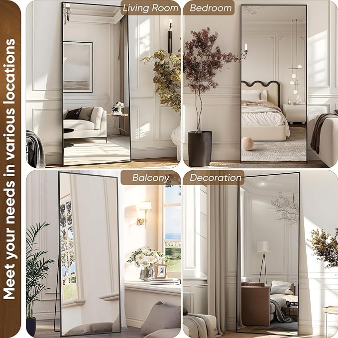 Antok Full Length Mirror, 58"x18" Floor Mirror with Stand, Hanging Mounted Mirrors for Bedroom, Living Room, Cloakroom, Dining Room, Black, Rect