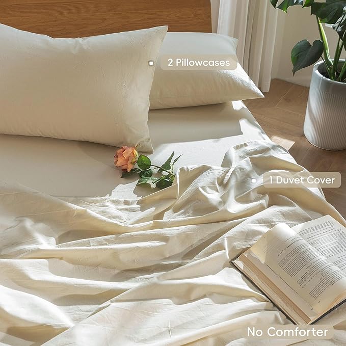 MooMee Bedding Duvet Cover Set 100% Washed Cotton Linen Like Textured Breathable Durable Soft Comfy (Heathered Almond Milk Grey, King 104"x90")