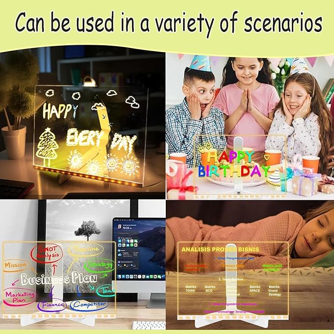 Led Note Board with Colors, Acrylic Dry Erase Board with Light, Light Up Dry Erase Board with Adjustable Stand with 7 Pens,for Office School Home, Kids Graffiti Board(11.8 x7.9in)