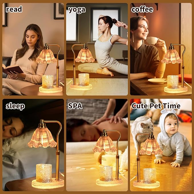 Candle Warmer Lamp with Timer: Adjustable Height and 4 Dimmer, Crystal Glass Base, Heater Wax Warmer for Jar Scented, Home Décor and Housewarming & Birthday Gift for Mom Woman, 2 Bulbs (White Flower)