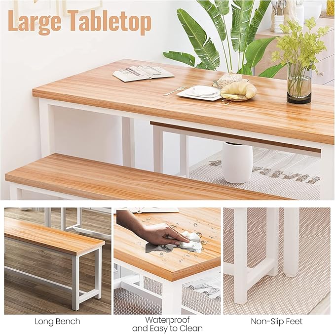 Dining Room Table Set with 2 Benches, Farmhouse Dining Table Set for 4, Wood Breakfast Dinner Table Set for Breakfast Nook Small Spaces, Beige