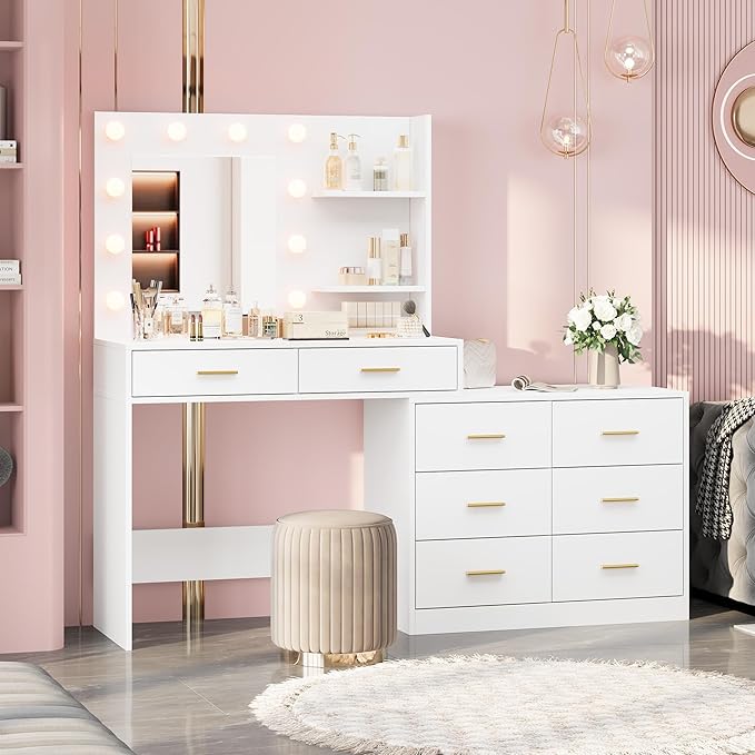 61" Vanity Desk with Mirror & Lights, White Makeup Dressing Table with 8 Drawers & 2 Shelves, 3 Lighting Modes with Adjustable Brightness for Bedroom, White