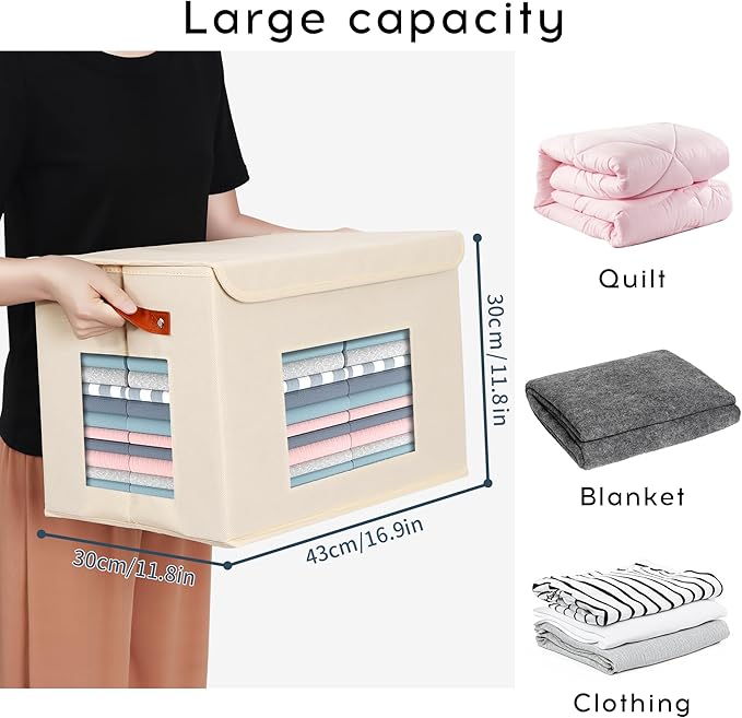 Storage Bins for Clothes, 40L Large Collapsible Stackable Closet Organizer Containers, Storage Boxes with Lids,Storage Cube Basket, Clear Windows & PU Leather Handles, Pack of 3, 17x12x12 Inch