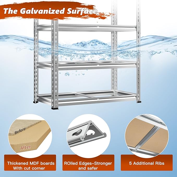 REIBII Garage Shelving, 5 Tier Storage Shelves Load 2020LBS, Adjustable Garage Shelves Heavy Duty, Metal Shelving Unit with Waterproof Columns, 35.5" W x 11.9" D x 72" H, Galvanized