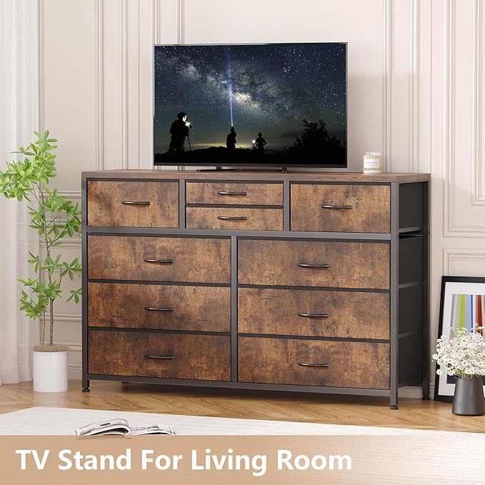 Jojoka Wide 10 Drawer Dresser,TV Stand Entertainment Center Fabric Storage Dressers Drawers for Bedroom, Hallway, Nursery, Closets, Steel Frame, Wood Top (Rustic)