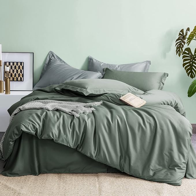 MILDLY 100% Cotton Duvet Cover Set King Size Grey Sage Satin Weave Silky Luxury Comforter Cover Sets Ultra Soft Bedding Set 3PCS (No Comforter)