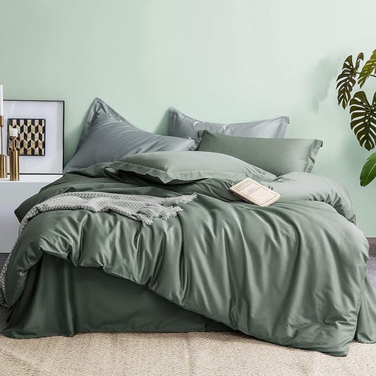 MILDLY 100% Cotton Duvet Cover Set King Size Grey Sage Satin Weave Silky Luxury Comforter Cover Sets Ultra Soft Bedding Set 3PCS (No Comforter)