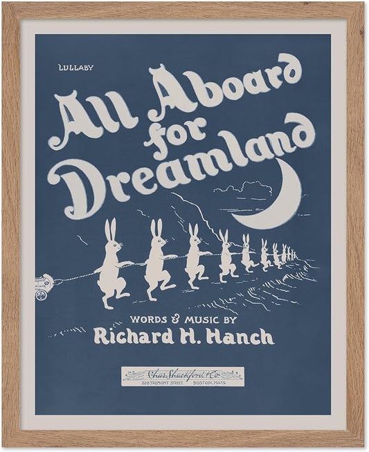 Poster Master All Aboard For Dreamland Poster - Retro Children's Lullaby Print - Story Book Art - Bunny Art - Rabbit Art - Aesthetic Art - Kid's Bedroom or Nursery Wall Decor, 11x14 Beige Framed