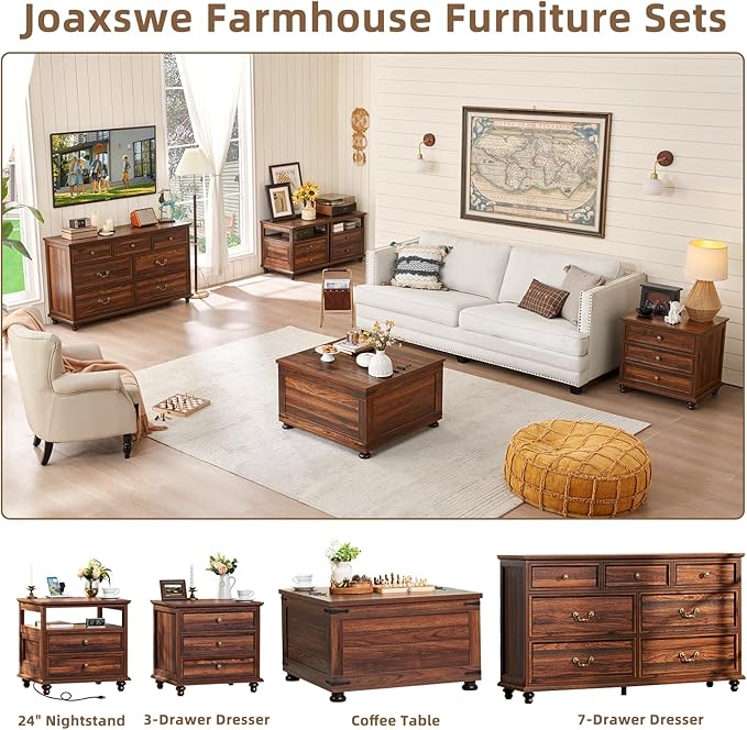 Farmhouse 7 Drawers Dresser for Bedroom, Brown 54 Inch Wide Chest of Drawers w/ 4 Wooden Legs, Large Vintage Rustic Closet Dressers for Living Room, Wood TV Stand with Storage Organizer