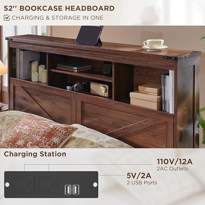 ACCOHOHO Full Bed Frame with 52" Tall Headboard and 4 Drawers,LED Light,Charging Station,Solid Wood Slats Support,No Box Spring Needed,Brown