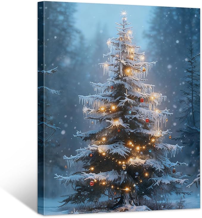 Framed Christmas Pictures Wall Decor,Vintage Pine Tree Prints,Winter Christmas Canvas Wall Art Decoration for Bedroom Bathroom Living Room Rustic Xmas Holiday Gifts (Christmas Tree 15, 16'' X 24'')