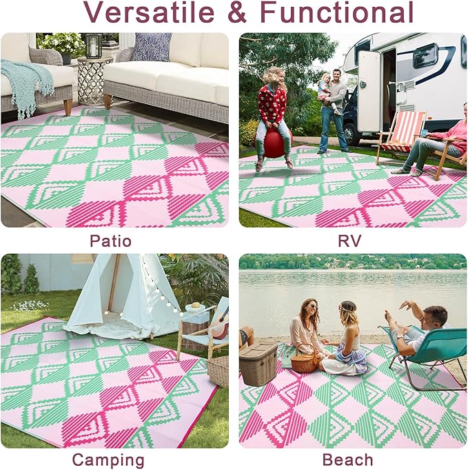 Beeiva Waterproof Outdoor Rug 8x10, Reversible Plastic Straw Patio Mat, Modern Geometric Large Outdoor Camping Rugs for Porch, Deck, Backyard, Balcony, Picnic - Pink & Green