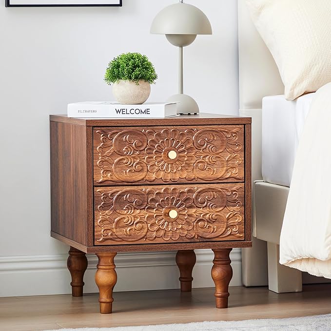 Nightstand, Farmhouse Bedside Table with 2 Drawers and Metal Handles, Wood Sofa Side Table End Table Accent Dresser for Bedroom, Living Room (Walnut-2 Packs)