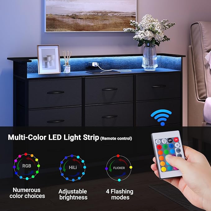 ELYKEN Black Dresser for Bedroom with LED Light & Charging Station, 9 PU Finish Fabric Drawers Dressers & Chest of Drawer with USB Outlet for for Entryway Closet Living Room Hallway