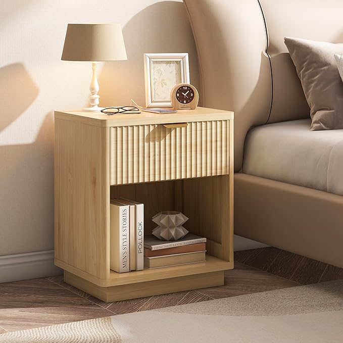 Fluted Nightstand Charging Station,Wood Modern Night Stands Storage Cabinet for Bedroom,Oak Bedside Table with Drawers