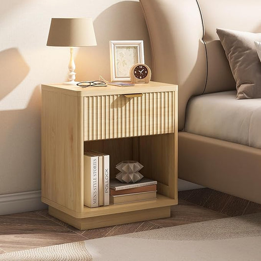 Fluted Nightstand Charging Station,Wood Modern Night Stands Storage Cabinet for Bedroom,Oak Bedside Table with Drawers