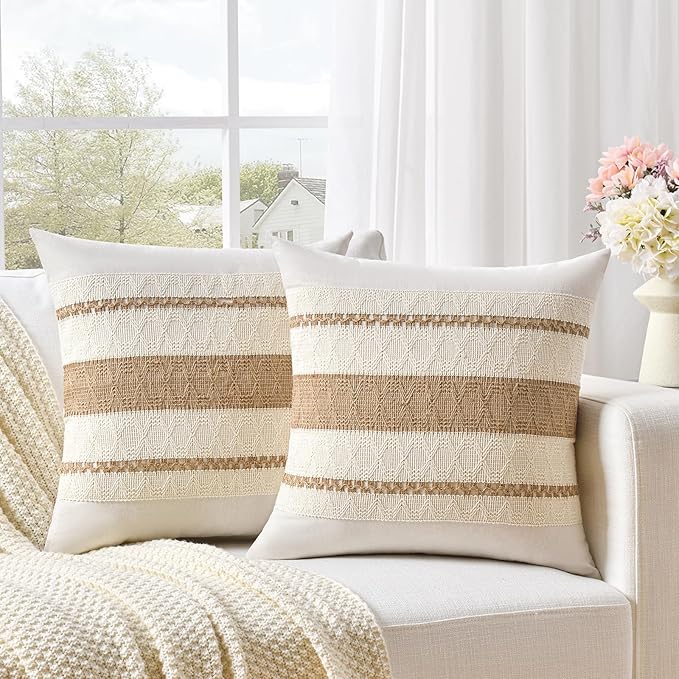 Fancy Homi Set of 2 Boho Neutral Decorative Throw Pillow Cover 22x22 Inch for Couch Bed Sofa, Aesthetic Modern Organic Farmhouse Home Decor, Soft Cotton Cute Accent Macrame Woven Tan Cushion Case
