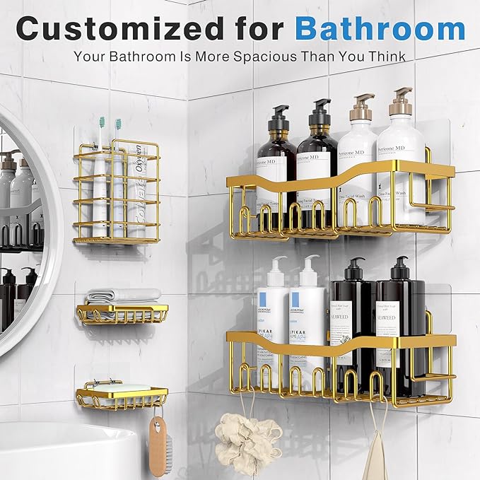 5-Pack Rustproof Stainless Steel Shower Caddy – No Drill Adhesive Bathroom Organizer with Large Capacity, Spacious Shower Shelves for Inside Shower, Kitchen & Home Decor Storage-XL Size