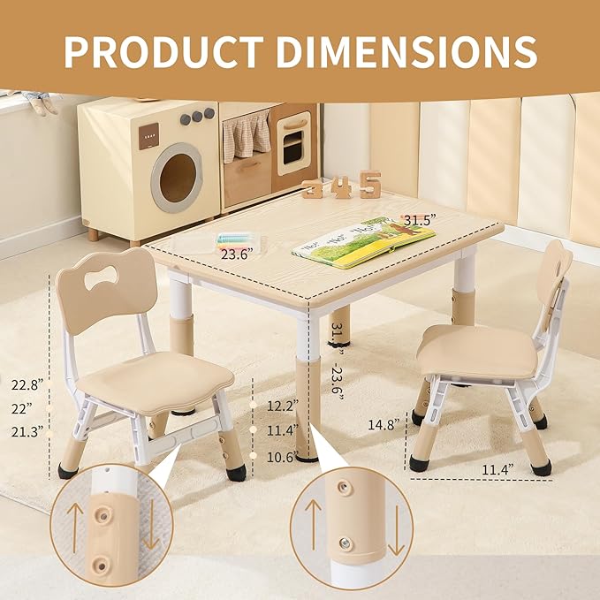 Toddler Table and 2 Chairs, Height-Adjustable Kids Table and Chairs Set, 31.5''L x 23.6''W Children Activity Table for Boys and Girls Aged 3-8