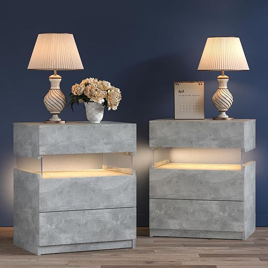 Bingoday LED Nightstands Set of 2 LED Bedside Tables with 3 Drawers Modern Night Stand with Acrylic Board Night Stand Set 2 for Bedroom