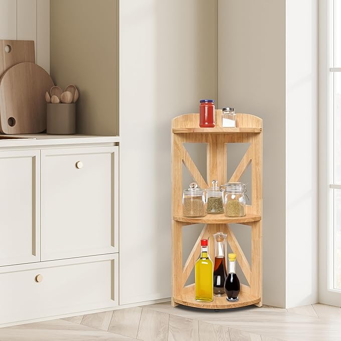 Corner Shelf Stand, Corner Bookshelf, Small Corner Shelves by Natural Wood, Plant Stand, Corner Bookcase for Living Room, Home Office, Bedroom, (Natural, 3 Tier)