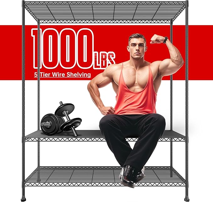 REIBII 45.5''W Storage Shelves 5 Tier Wire Shelving Metal Shelves for Storage 1000LBS Adjustable Heavy Duty Metal Shelving Unit Storage for Pantry Kitchen Garage 45.5" W x 71" H x 17.5" D 4PCS