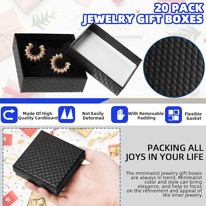 Glarks 12Pcs Black 9 x 9 x 3CM Cardboard Jewelry Gift Boxes with Pink Scissors and 1.5 x 225CM Red Polyester Ribbon Set, Diamond Pattern Necklace Earring Bracelet Boxes Gift Case Ideal