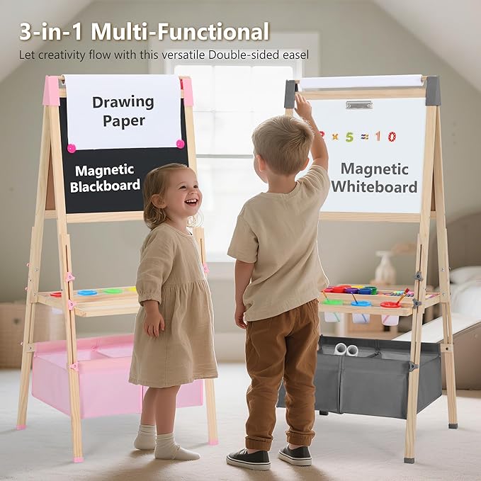Kinder King 3 in 1 Wooden Kids Easel, Adjustable Double-Sided Art Easel for Kids, Magnetic Whiteboard & Chalkboard, Paper Roller, Art Supplies, Painting Drawing Easel Toddler, Pink