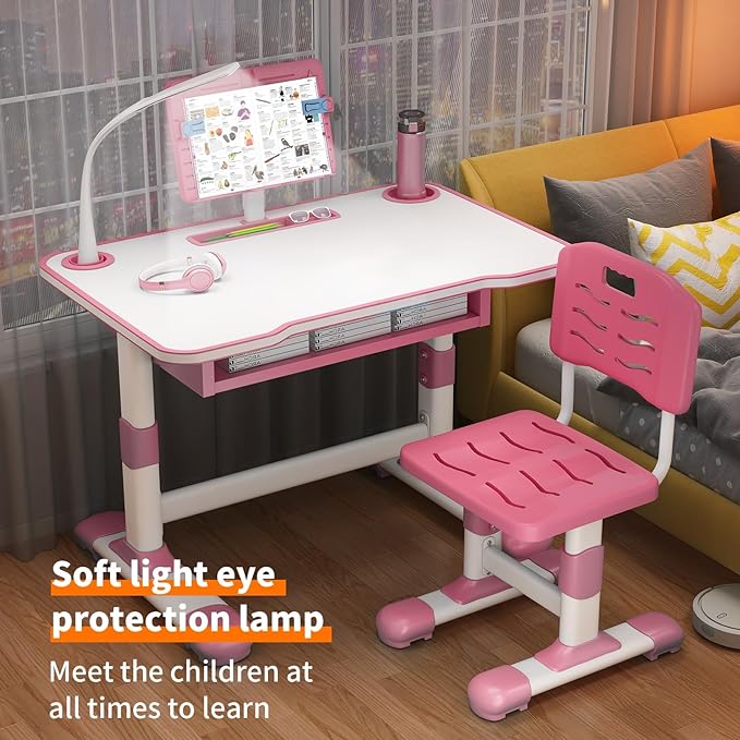 Study Desk Chair Set for Girl, Height Adjustable Toddlers Writing Table with Tiltable Reading Stand LED Table Light, Living Room Bedroom Children Learning Table with Extra Large Drawer Pink