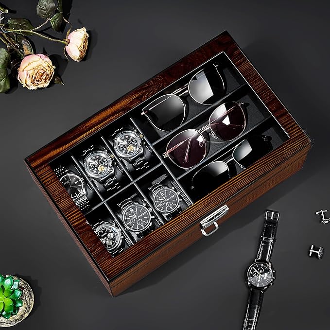 BEWISHOME High-End Watch Box, 6-Slot Watch Case and 3 Glasses Case, 2-Layer Wooden Mens Jewelry Box with Large Glass Lid, Luxury Watch Display Case for Men Watch Storage, PU Leather Interior, Brown