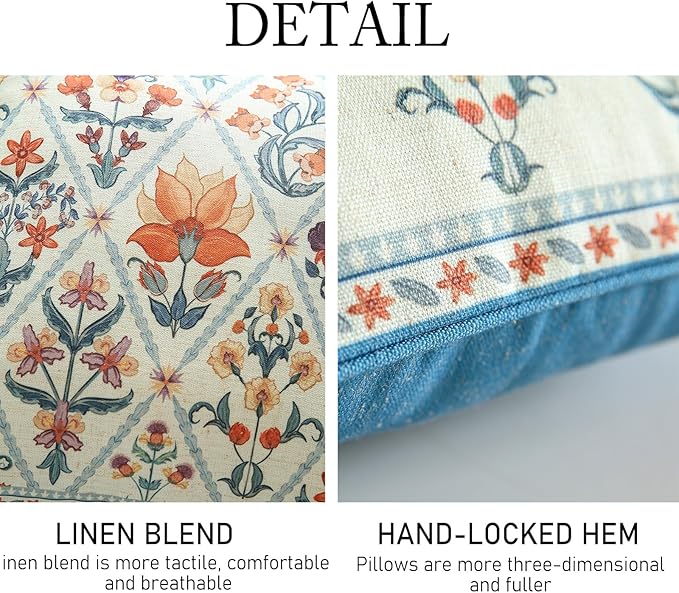 Design Square Linen Throw Pillow Covers 18"x18" Pack of 2, Blue Floral Country Cushion Covers with Colorful Wildflower Pattern Decor Pillowcases for Bed,Living Room,Outdoor,Car