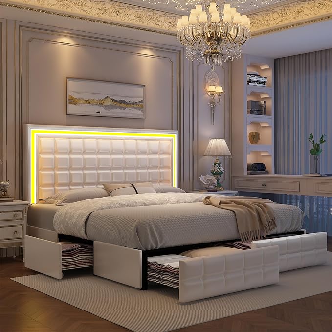 Queen Bed Frame with LED Lights & Storage Drawers, No Box Spring Needed, Heavy Duty 900lbs Weight Capacity, Easy Assembly, Modern Upholstered Platform Bed, PU White