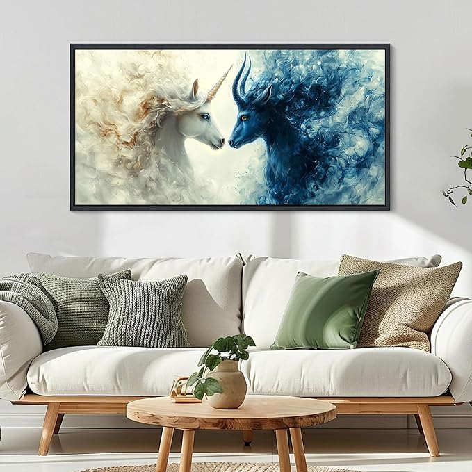 HKDGOKA Large Framed Wall Art, Blue and White Gradient Abstract Animals Paintings Light Dark Style Opposition Artwork Canvas Prints Pictures for Bedroom Living Room Kitchen Home Decor 24x48 IN