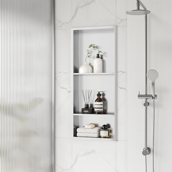 Stainless Steel Shower Niche 12" X 29", No Tile Needed Wall Niche Three-Tier, Recessed Shower Shelf for Bathroom Storage, Brushed Nickel