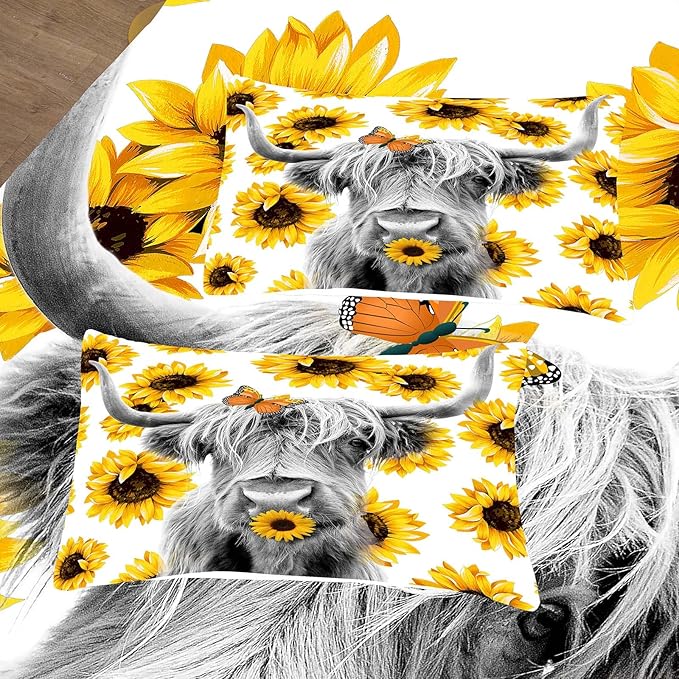 Tailor Shop Highland Cow Bedding Set King Size ，Farmhouse Sunflower Highland Cattle Wild Animal 3D Print Comforter 3 Pcs Sets,with 1 Comforter 2 Pillowcases……
