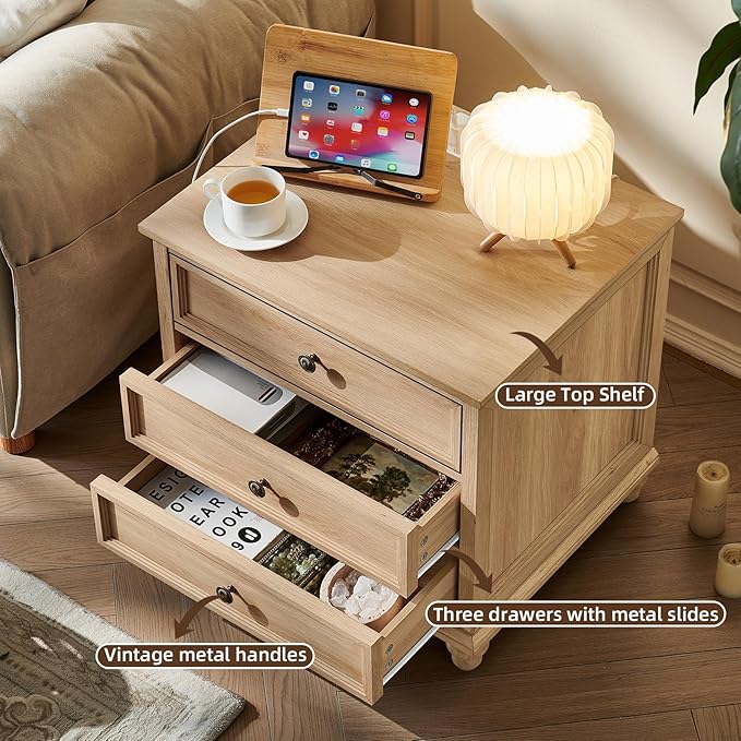Farmhouse Nightstand Set of 2 with Charging Station, 24" Wide End Table with 3 Drawers,Dresser for Bedroom,Bed Side Table Chest of Drawers Cabinet,Wood Natural Night Stand for Living Room