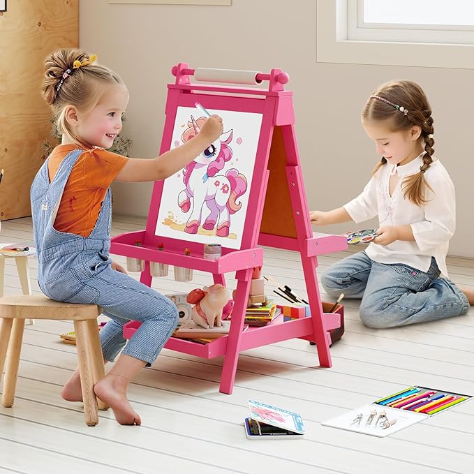 OLAKIDS Easel for Kids, 3 in 1 Adjustable Painting Art Board, Foldable Double-Sided Wooden Drawing Chalkboard Magnetic Whiteboard with Paper Roll, Storage Rack, Cups for Boy Girls (Pink)