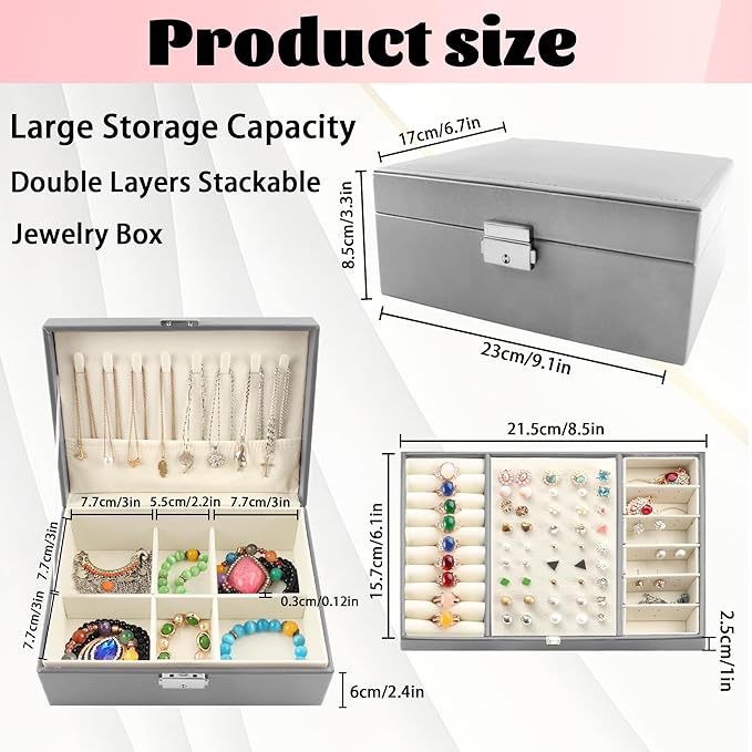 Homeanda Jewelry box 2 layer Jewelry box Leather Jewelry boxes for Women Girls Teens Jewelry organizer box Jewelry Storage box with lock(Grey)